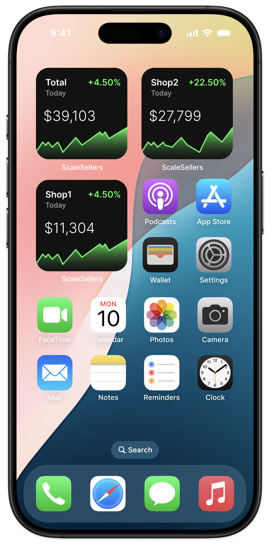Multiple ScaleSellers widgets showing different shop revenues